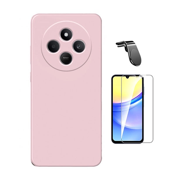 Kit Vidro Temperado Cleargorilasglass + Capa Proteção Silicone + Suporte Magnético L Gift4Me Para Xiaomi Redmi 14C - Rosa