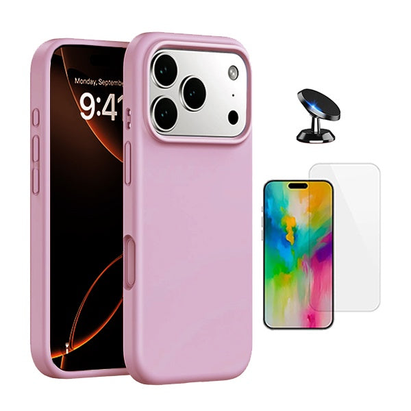 Kit Vidro Temperado Cleargorilasglass + Capa Proteção Silicone + Suporte de Carro GIFT4ME Para Apple iPhone 17 Pro - Rosa