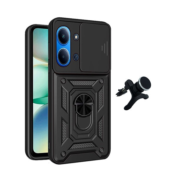 Kit Suporte Magnético Com Pernas + Capa de Proteção Militar Magnética Janela Deslizante GIFT4ME Para Xiaomi Poco C85 - Preto