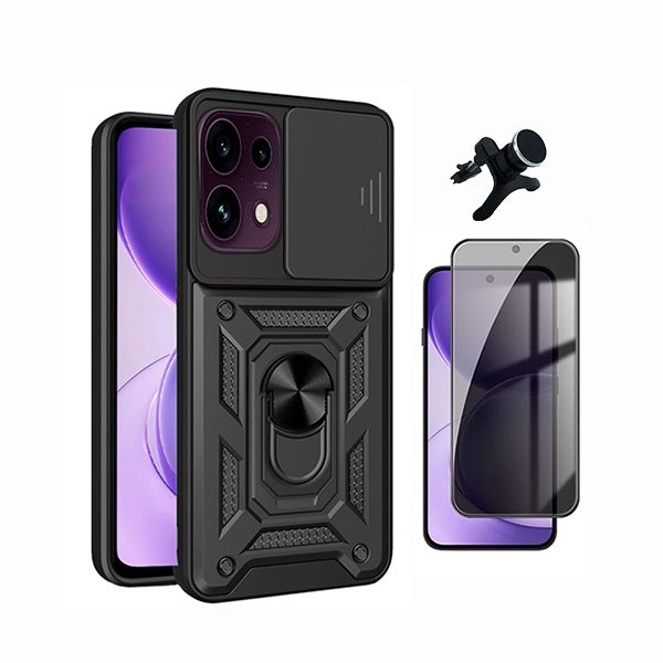 Kit Película de Vidro Temperado Privacidade + Capa de Proteção Militar Magnética Janela +  Suporte Magnético Com Pernas  GIFT4ME Para Oppo Reno16 FS 5G - Preto