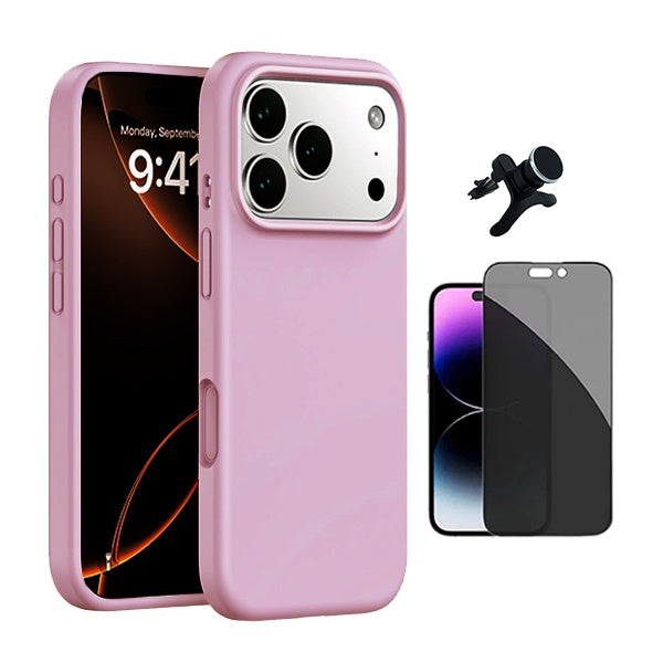 Kit Película de Vidro Temperado Privacidade + Capa Proteção Silicone + Suporte Reforçado de Carro  GIFT4ME Para Apple iPhone 17 Pro - Rosa