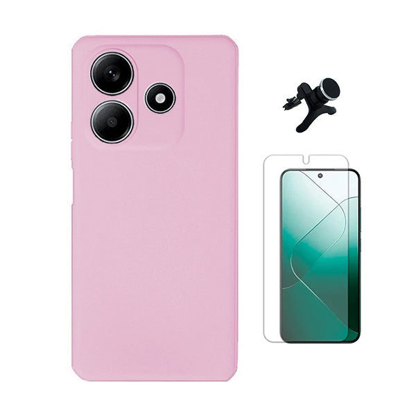 Kit Película Protectora de Hydrogel Frente + Capa Proteção Silicone + Suporte Reforçado de Carro Gift4Me Para Xiaomi Redmi Note 14 - Rosa