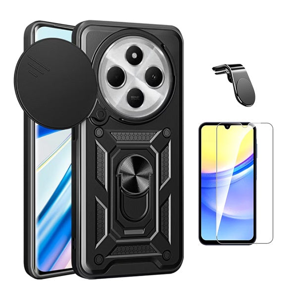 Kit Vidro Temperado Cleargorilasglass + Capa de Proteção Militar Magnética Janela + Suporte Magnético Com Pernas  Gift4Me Para Xiaomi Redmi 14C 5G - Preto