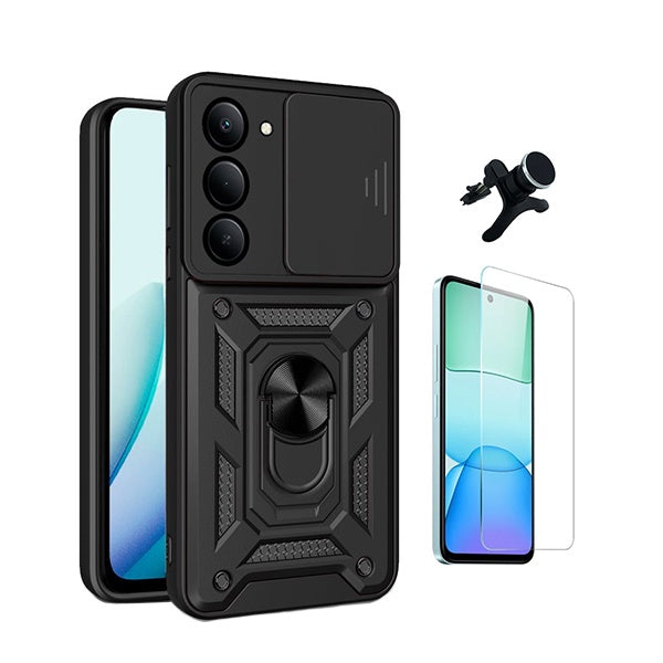 Kit Vidro Temperado Cleargorilasglass + Capa de Proteção Militar Magnética Janela + Suporte Magnético Com Pernas  GIFT4ME Para Xiaomi Redmi 15 4G - Preto