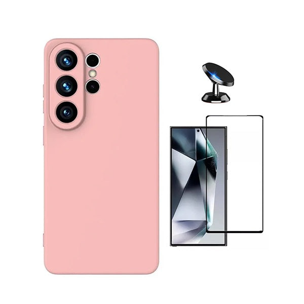 Kit Película de Vidro Temperado Gorilasglass + Capa Proteção Silicone + Suporte Magnético GIFT4ME Para Samsung Galaxy S26 Ultra - Rosa