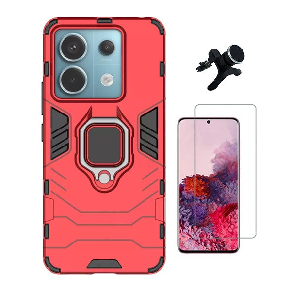 Kit Vidro Temperado Cleargorilasglass + Capa de Proteção Militar Magnética + Suporte Magnético Com Pernas Gift4Me Para Xiaomi Redmi Note 13 - Vermelho