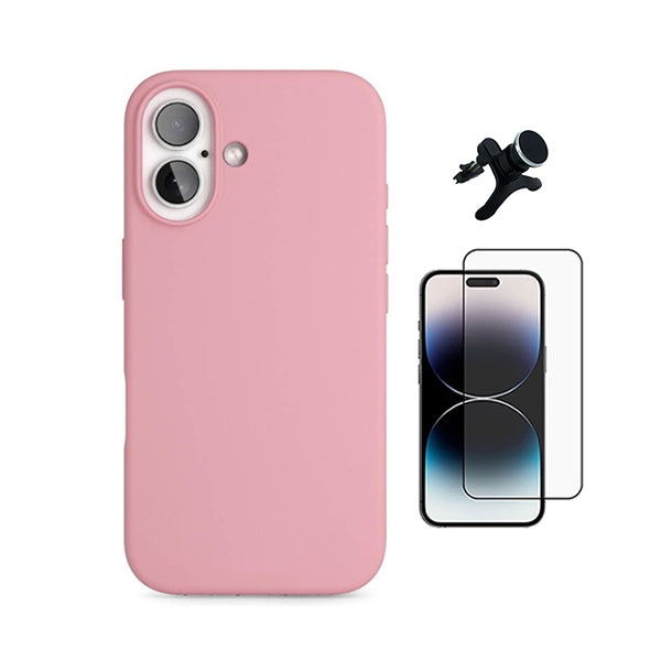 Kit Película de Vidro Temperado Gorilasglass + Capa Proteção Silicone + Suporte Reforçado de Carro GIFT4ME Para Apple iPhone 17 - Rosa