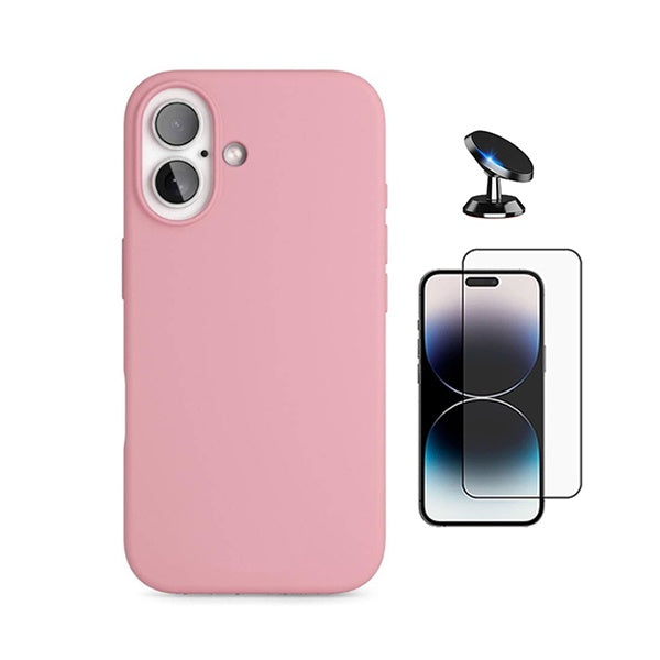 Kit Película de Vidro Temperado Gorilasglass + Capa Proteção Silicone + Suporte Magnético GIFT4ME Para Apple iPhone 17 - Rosa