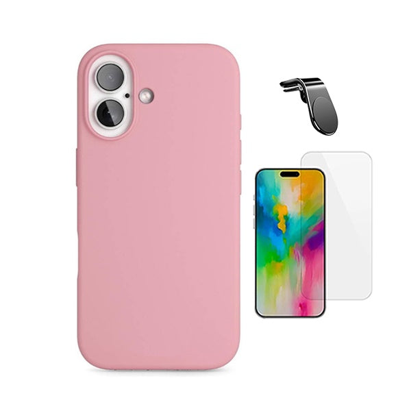 Kit Vidro Temperado Cleargorilasglass + Capa Proteção Silicone + Suporte Magnético L GIFT4ME Para Apple iPhone 17 - Rosa