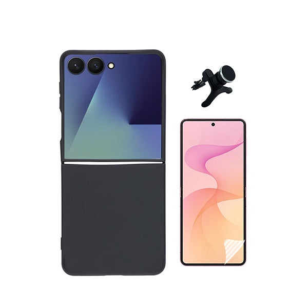 Kit Película Protectora de Hydrogel Frente + Capa Proteção Silicone + Suporte Reforçado de Carro GIFT4ME Para Samsung Galaxy Z Flip8 - Preto