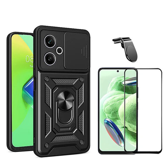 Kit Película de Vidro Temperado Gorilasglass + Capa de Proteção Militar Magnética Janela + Suporte de Carro Magnético L GIFT4ME Compativel Com Xiaomi Redmi 13 5G - Preto