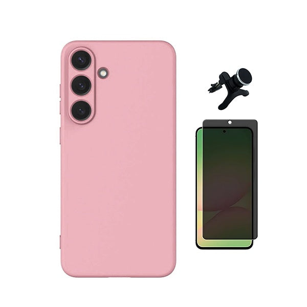 Kit Película de Vidro Temperado Privacidade + Capa Proteção Silicone + Suporte Reforçado de Carro  GIFT4ME Para Samsung Galaxy S26 - Rosa
