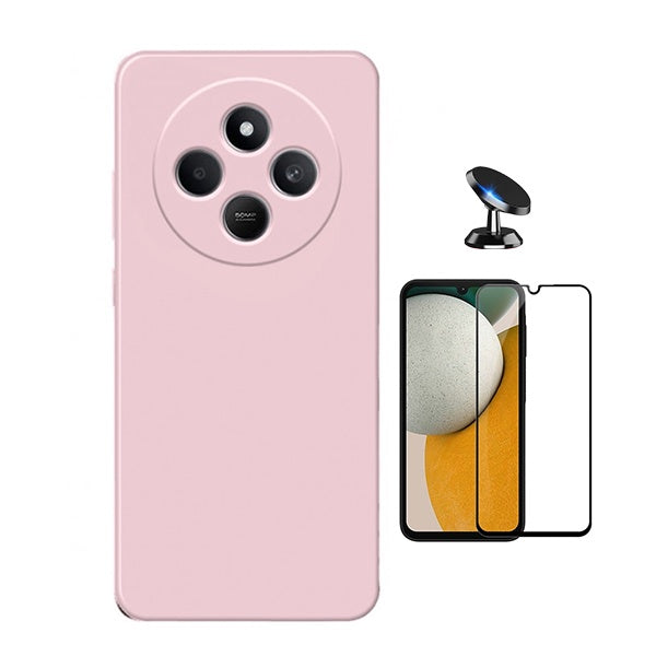 Kit Película de Vidro Temperado Gorilasglass + Capa Proteção Silicone + Suporte Magnético Gift4Me Para Xiaomi Poco C75 - Rosa