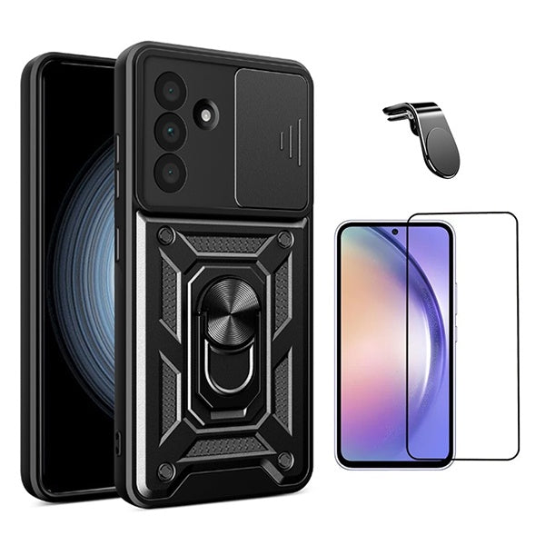 Kit Película de Vidro Temperado Gorilasglass + Capa de Proteção Militar Magnética Janela + Suporte de Carro Magnético L GIFT4ME Para Samsung Galaxy A36 5G - Preto