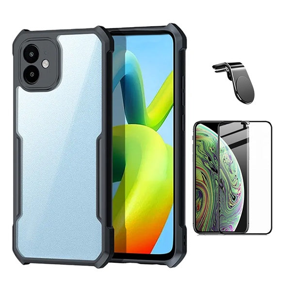 Kit Capa Traseira Fumê Rígida + Película de Vidro Temperado Gorilasglass + Suporte GIFT4ME Para Apple iPhone 12 - Transparente/Preto