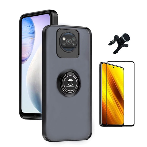 Kit Capa Anti-Impacto Clear com Anel + Vidro Temperado Gorilaglass + Suporte Magnético GIFT4ME Para Xiaomi Poco X3 - Transparente/Preto