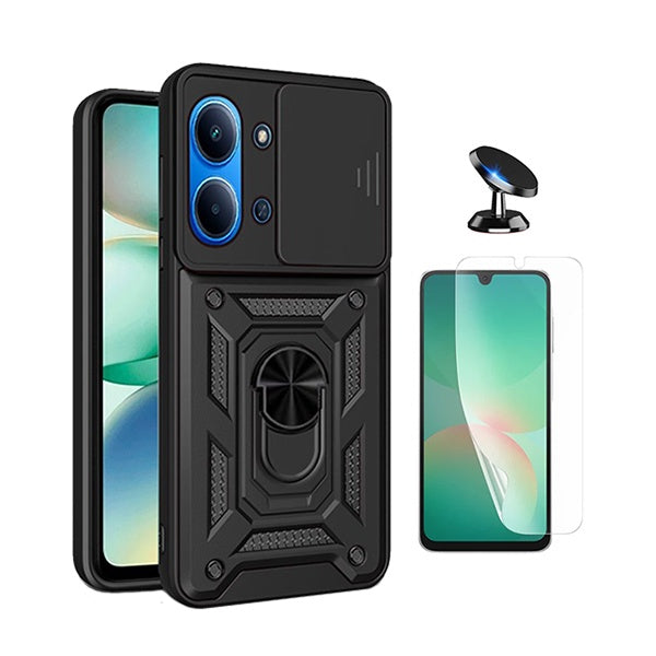 Kit Película Protectora de Hydrogel Frente + Capa de Proteção Militar Magnética Janela + Suporte Magnético GIFT4ME Para Xiaomi Poco C85 - Preto