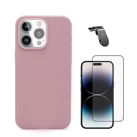 Kit Película de Vidro Temperado Gorilasglass + Capa Proteção Traseira Silicone + Suporte Magnético L GIFT4ME Compativel Com Apple iPhone 16 Pro - Rosa