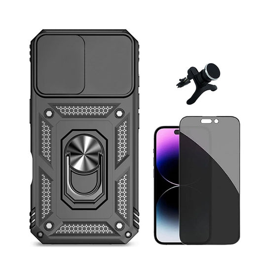 Kit Película de Vidro Temperado Privacidade + Capa de Proteção Militar Magnética Janela +  Suporte Magnético Com Pernas  GIFT4ME Compativel Com Apple iPhone 16 - Preto