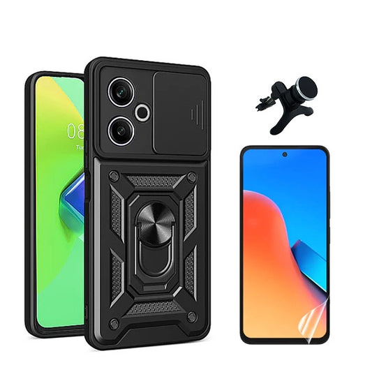 Kit Película Protectora de Hydrogel Frente + Capa de Proteção Militar Magnética Janela + Suporte Magnético Com Pernas  GIFT4ME Compativel Com Xiaomi Redmi 13 5G - Preto