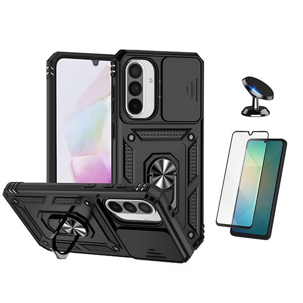Kit Película de Vidro Temperado Gorilasglass + Capa de Proteção Militar Magnética Janela + Suporte Magnético GIFT4ME Para Samsung Galaxy A17 5G - Preto