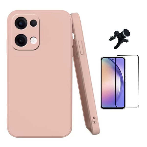 Kit Película de Vidro Temperado Gorilasglass + Capa Proteção Silicone + Suporte Reforçado de Carro GIFT4ME Para Oppo Reno13 - Rosa
