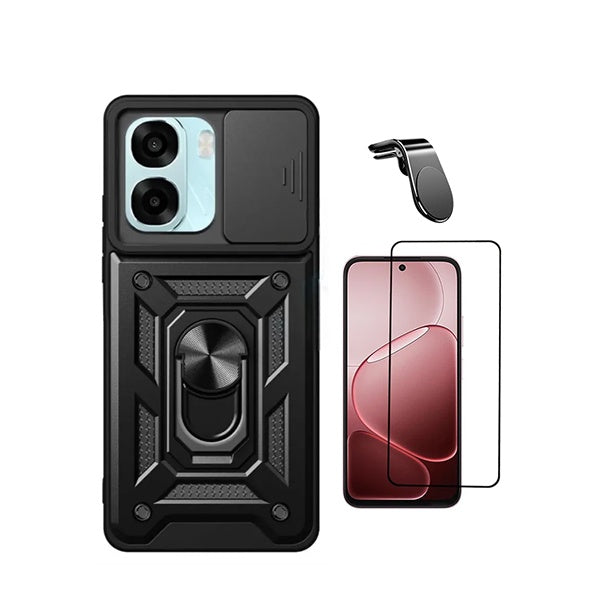 Kit Película de Vidro Temperado Gorilasglass + Capa de Proteção Militar Magnética Janela + Suporte de Carro Magnético L GIFT4ME Para Oppo A6 4G - Preto
