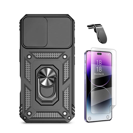 Kit Película Protectora de Hydrogel Frente + Capa de Proteção Militar Magnética Janela + Suporte de Carro Magnético L GIFT4ME Compativel Com Apple iPhone 16 - Preto