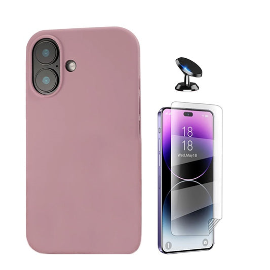 Kit Película Protectora de Hydrogel Frente + Capa Proteção Traseira Silicone + Suporte Magnético GIFT4ME Compativel Com Apple iPhone 16 - Rosa