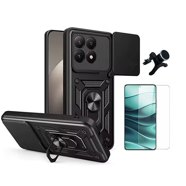 Kit Vidro Temperado Cleargorilasglass + Capa de Proteção Militar Magnética Janela + Suporte Magnético Com Pernas  GIFT4ME Para Xiaomi 15T 5G - Preto