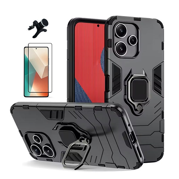 Kit Película de Vidro Temperado Gorilasglass + Capa de Proteção Militar Magnética + Suporte Magnético Com Pernas Gift4Me Para Xiaomi Redmi Note 14 - Preto