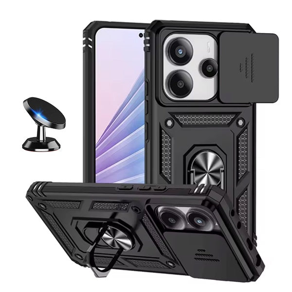 Kit Suporte Magnético + Capa de Proteção Militar Magnética Janela Deslizante Gift4Me Para Xiaomi Redmi Note 14 5G - Preto