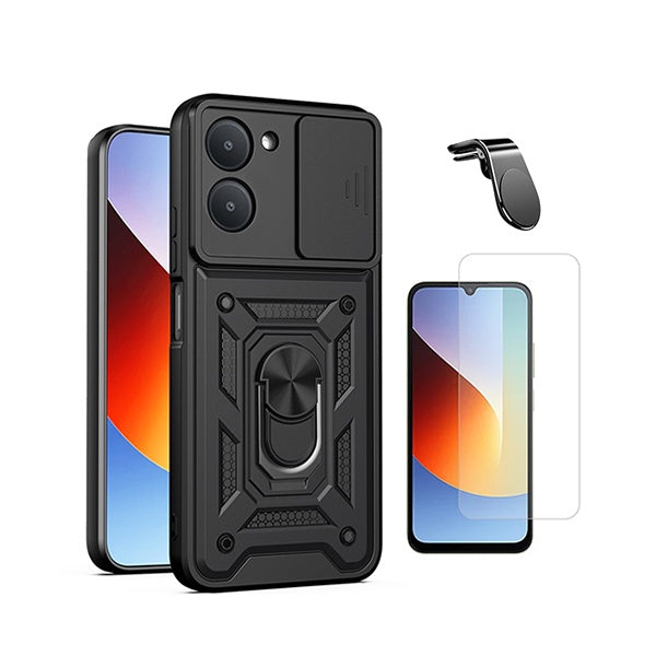 Kit Vidro Temperado Cleargorilasglass + Capa de Proteção Militar Magnética Janela + Suporte de Carro Magnético L GIFT4ME Para Xiaomi Redmi A7 - Preto