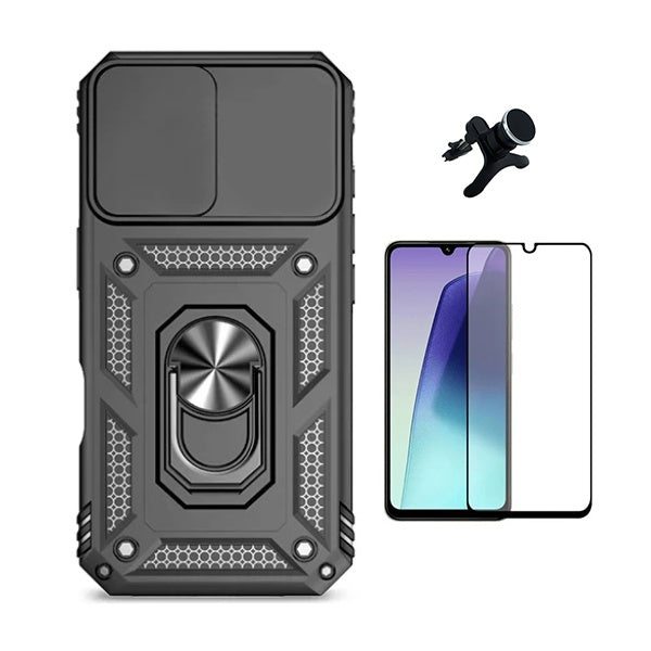 Kit Película de Vidro Temperado Gorilasglass + Capa de Proteção Militar Magnética Janela + Suporte Magnético Com Pernas GIFT4ME Para Xiaomi Redmi A5 4G - Preto