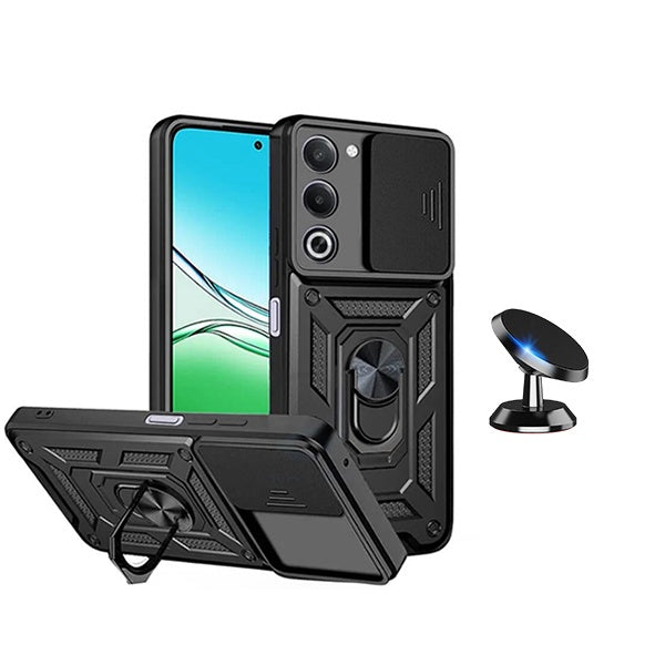 Kit Suporte Magnético + Capa de Proteção Militar Magnética Janela Deslizante GIFT4ME Para Oppo A5 5G  - Preto