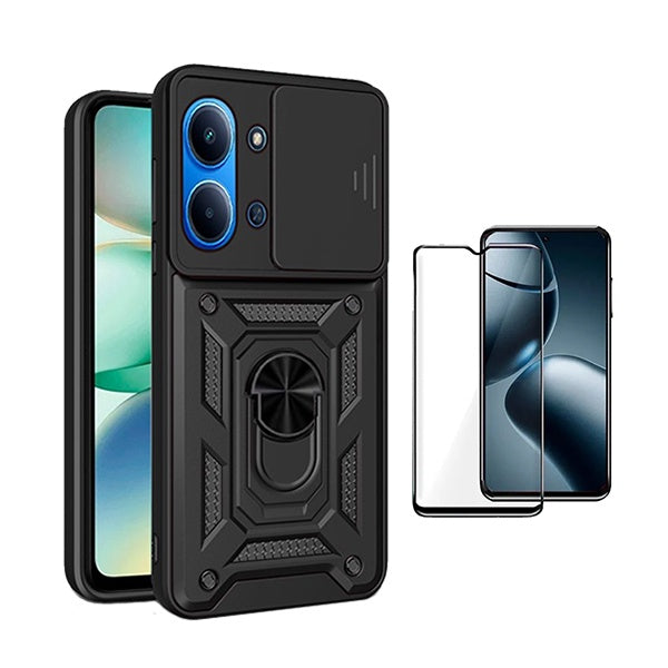 Kit Película de Vidro Temperado Gorilasglass + Capa de Proteção Militar Magnética Janela GIFT4ME Para Xiaomi Poco C85 - Preto