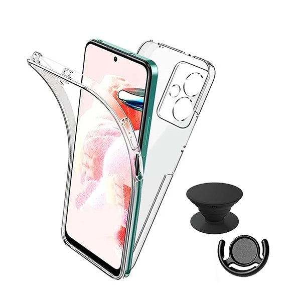 Kit Capa 360° Proteção Frente e Verso + 1 Handholder + 1 Suporte Handholder Preto GIFT4ME Para Xiaomi Redmi Note 14 5G - Transparente/Preto
