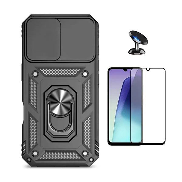 Kit Película de Vidro Temperado Gorilasglass + Capa de Proteção Militar Magnética Janela + Suporte Magnético GIFT4ME Para Xiaomi Redmi A5 4G - Preto