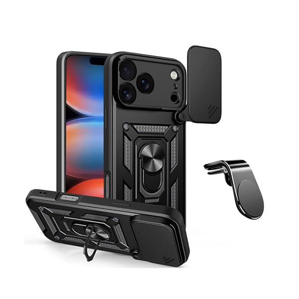 Kit Suporte de Carro Magnético L + Capa de Proteção Militar Magnética Janela Deslizante GIFT4ME Para Apple iPhone 18 Pro - Preto