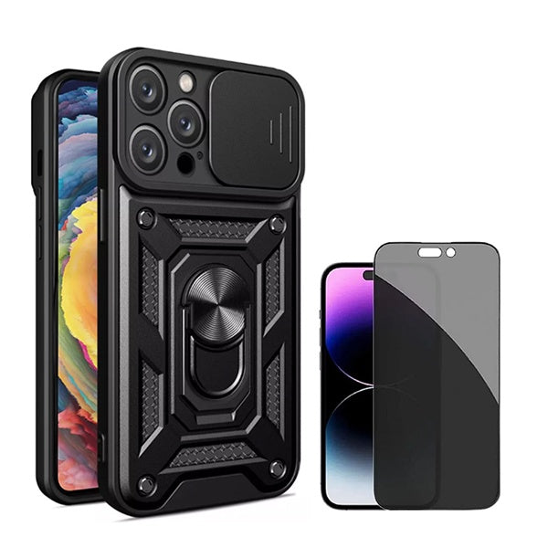 Kit Película de Vidro Temperado Privacidade + Capa de Proteção Militar Magnética Janela GIFT4ME Compativel Com Apple iPhone 16 Pro - Preto