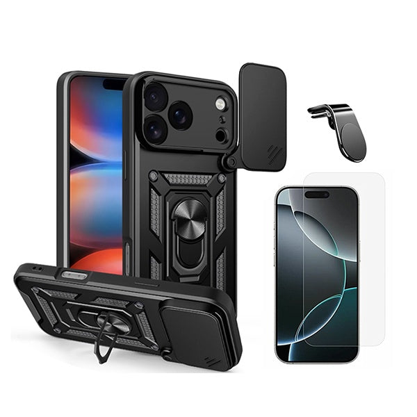Kit Vidro Temperado Cleargorilasglass + Capa de Proteção Militar Magnética Janela + Suporte de Carro Magnético L GIFT4ME Para Apple iPhone 18 Pro - Preto
