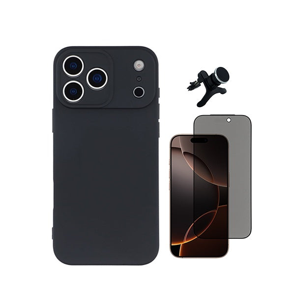 Kit Película de Vidro Temperado Privacidade + Capa Proteção Silicone + Suporte Reforçado de Carro  GIFT4ME Para Apple iPhone 18 Pro - Preto
