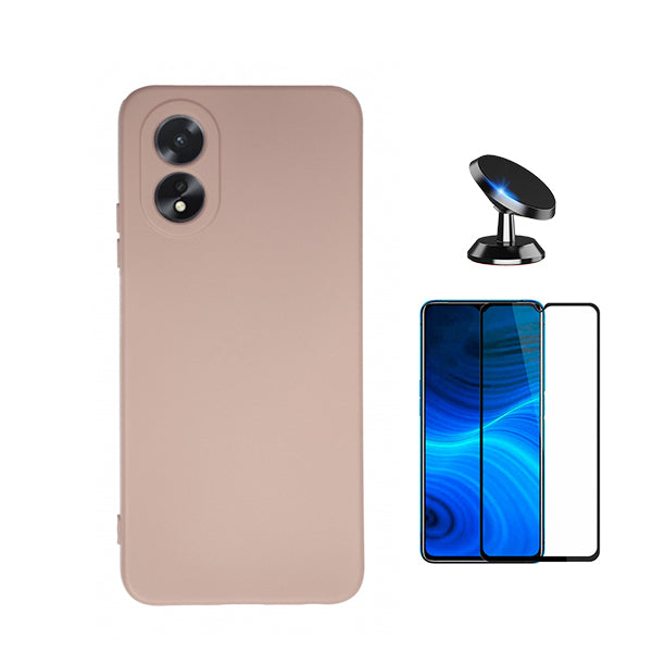 Kit Película de Vidro Temperado GOrilasGlass + Capa Proteção Traseira Silicone + Suporte Magnético GIFT4ME para Oppo A18 - Rosa