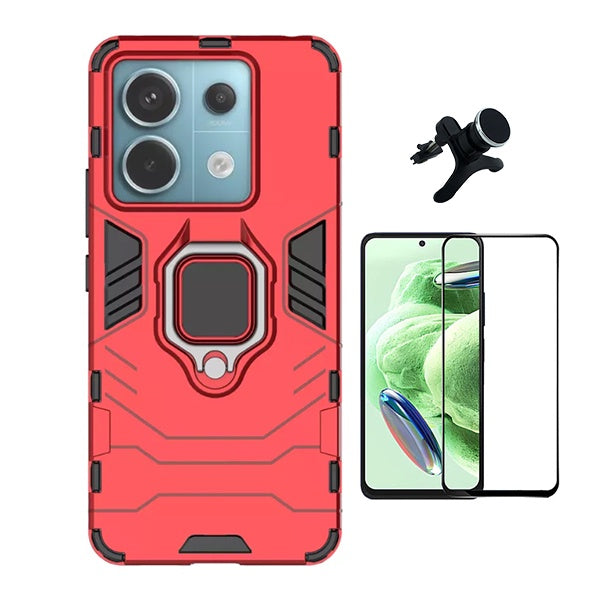 Kit Película de Vidro Temperado Gorilasglass + Capa de Proteção Militar Magnética + Suporte Magnético Com Pernas Gift4Me Para Xiaomi Redmi Note 13 - Vermelho