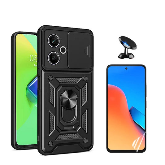 Kit Película Protectora de Hydrogel Frente + Capa de Proteção Militar Magnética Janela + Suporte Magnético GIFT4ME Compativel Com Xiaomi Redmi 13 5G - Preto