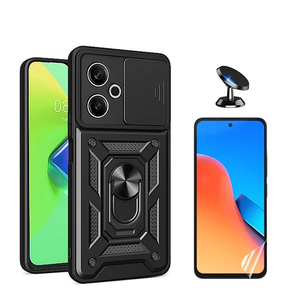 Kit Película Protectora de Hydrogel Frente + Capa de Proteção Militar Magnética Janela + Suporte Magnético GIFT4ME Compativel Com Xiaomi Redmi 13 - Preto