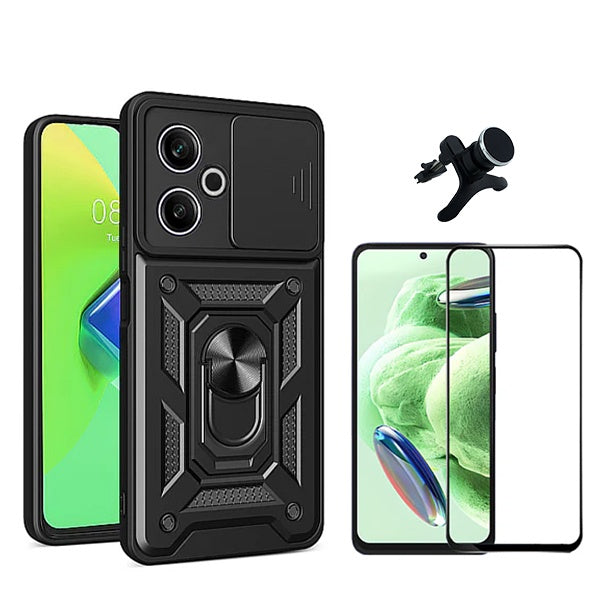 Kit Película de Vidro Temperado Gorilasglass + Capa de Proteção Militar Magnética Janela + Suporte Magnético Com Pernas GIFT4ME Compativel Com Xiaomi Redmi 13 5G - Preto