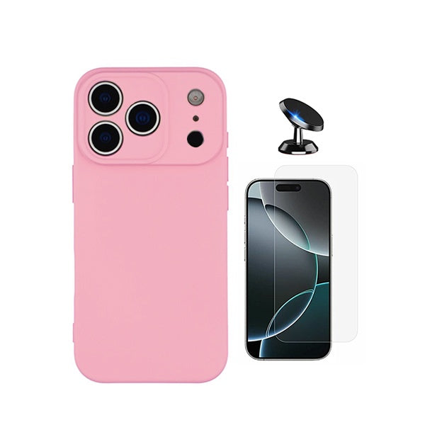 Kit Vidro Temperado Cleargorilasglass + Capa Proteção Silicone + Suporte de Carro GIFT4ME Para Apple iPhone 18 Pro - Rosa