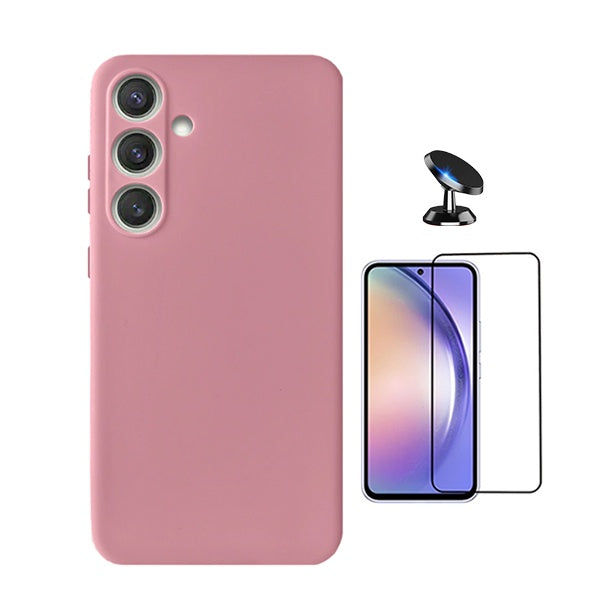 Kit Película de Vidro Temperado Gorilasglass + Capa Proteção Silicone + Suporte Magnético Gift4Me Para Samsung Galaxy A56 5G - Rosa