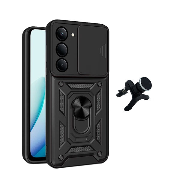 Kit Suporte Magnético Com Pernas + Capa de Proteção Militar Magnética Janela Deslizante GIFT4ME Para Xiaomi Redmi 15 4G - Preto